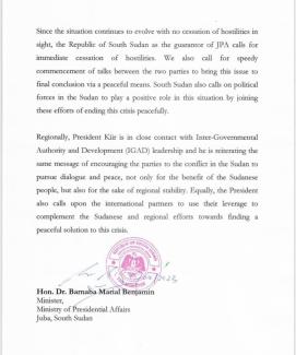 H.E. Salva Kiir Mayardit, President of the Republic of South Sudan Statement on the Developing Situation in Sudan