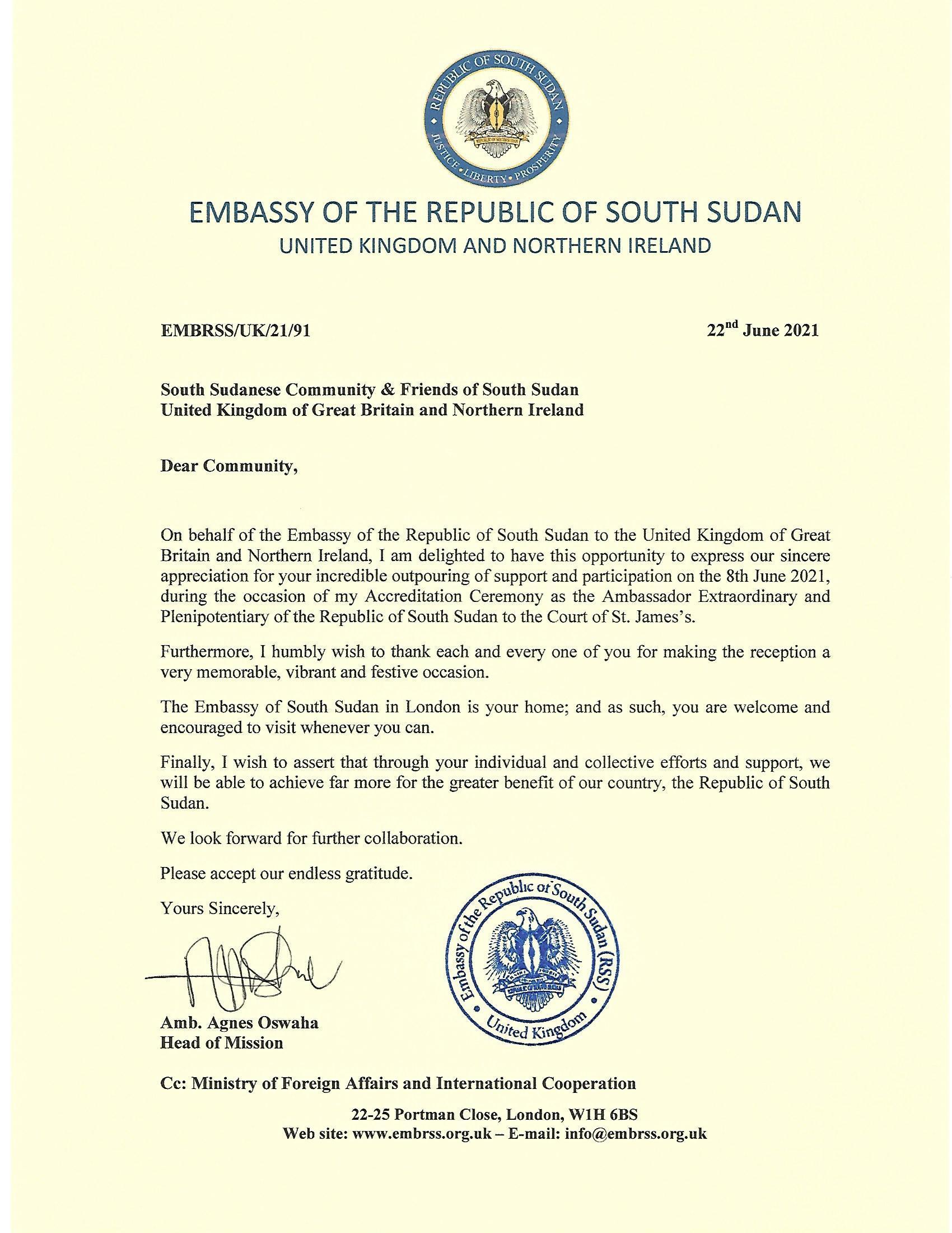 Thank You Note - South Sudanese in the UK and Northern Ireland