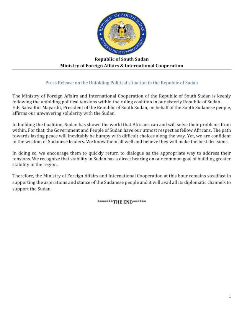 Press Release on the Unfolding Political Situation in the Republic of Sudan