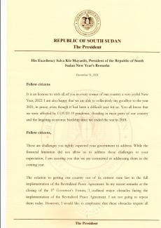 H.E. Salva Kiir Mayardit, President of the Republic of South Sudan New Year's Remarks (31/12/2021)