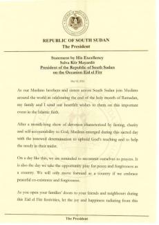 Statement by H.E Salva Kiir Mayardit, President of the Republic of South Sudan on the Occasion of Eid al-Fitr