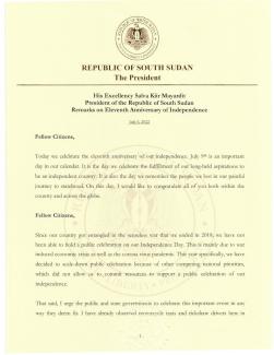 His Excellency Salva Kiir Mayardit President of the Republic of South Sudan Remarks on Eleventh Anniversary of Independence July 9, 2022 (Page 1)