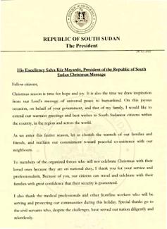 H.E. Salva Kiir Mayardit, President of the Republic of South Sudan Christmas Message (25/12/2022)