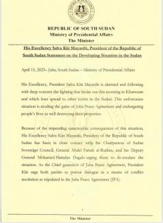 H.E. Salva Kiir Mayardit, President of the Republic of South Sudan Statement on the Developing Situation in Sudan