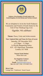 Embassy of The Republic of South Sudan - Invitation for the End of the Year Thanksgiving event 